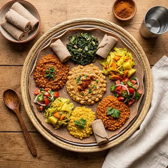 Colorful platter of Ethiopian vegan stews on Injera